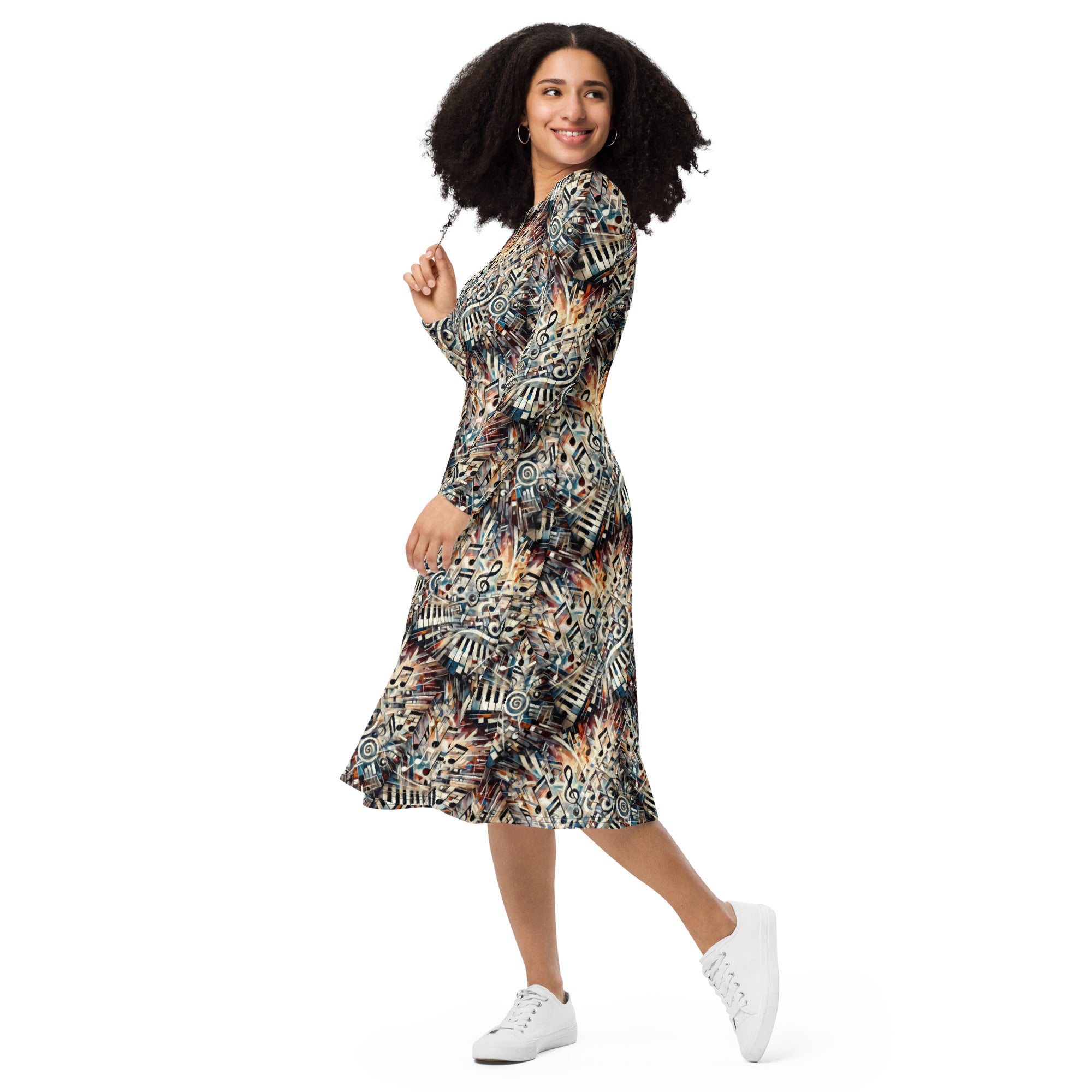 All-over print long sleeve midi dress – NATE CATO Luxury Clothing