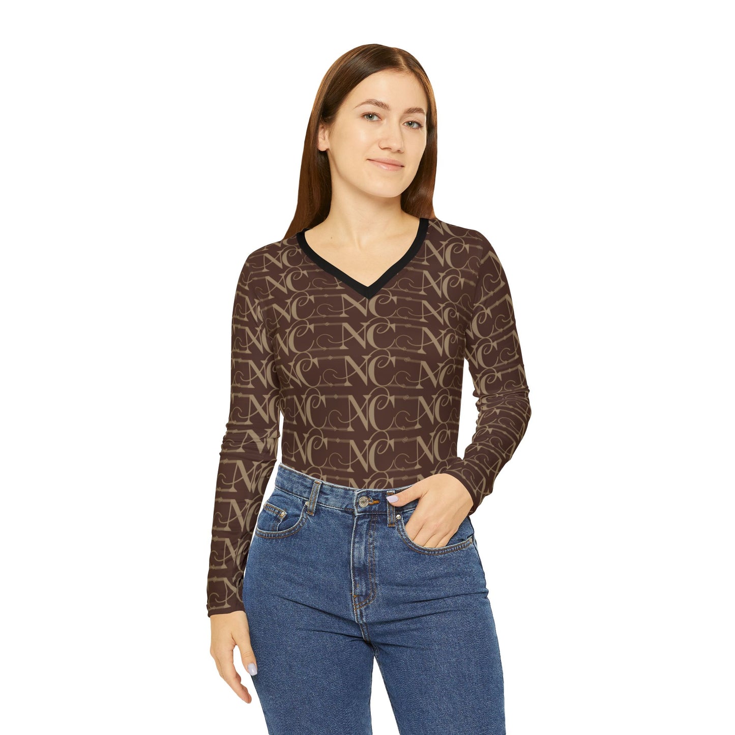 Chic Women's Long Sleeve V-Neck Shirt with Elegant Pattern