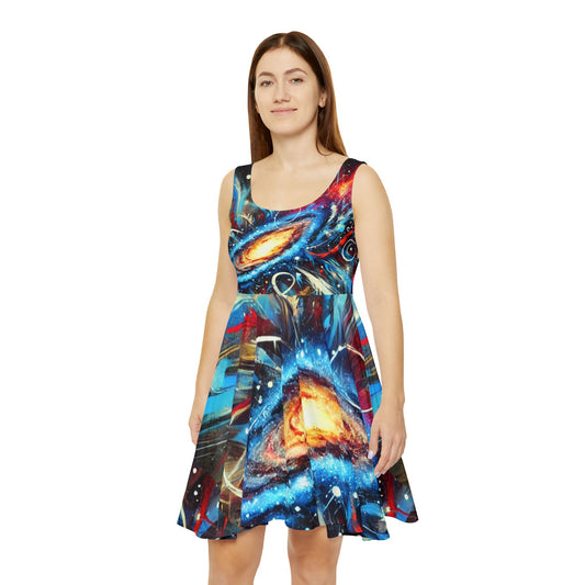 Cosmic Print Women's Skater Dress - Vibrant Galaxy Design for Parties & Festivals
