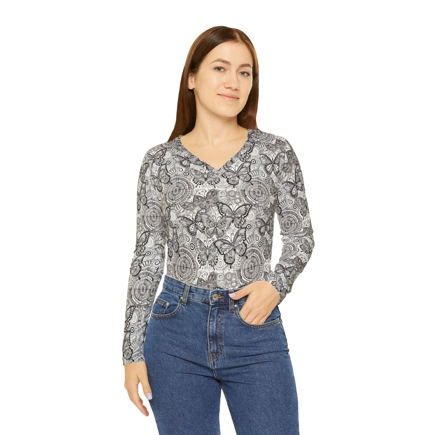 Butterfly Print Women's Long Sleeve V-Neck Shirt - Stylish & Comfortable