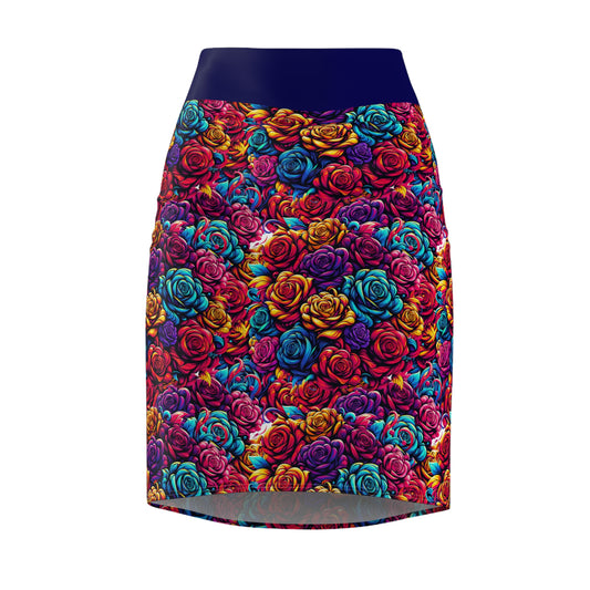 Vibrant Floral Women's Pencil Skirt - Colorful Rose Design