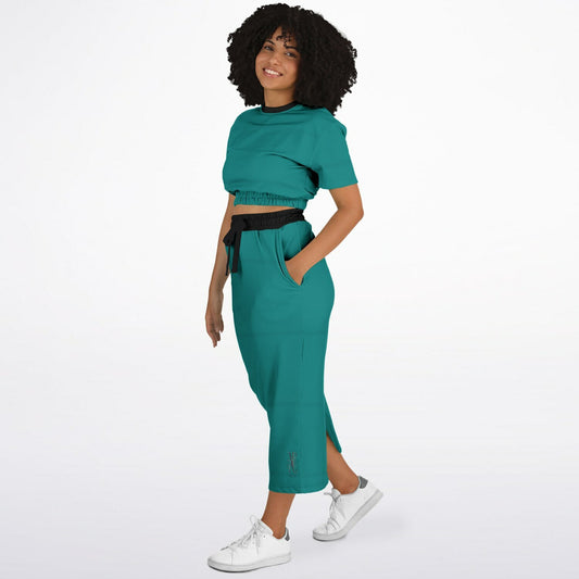 Teal Fashion Cropped Short Sleeve Sweatshirt and Long Pocket Skirt Set