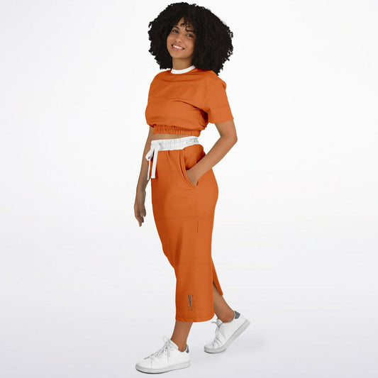 Rust Fashion Cropped Short Sleeve Sweatshirt and Long Pocket Skirt Set